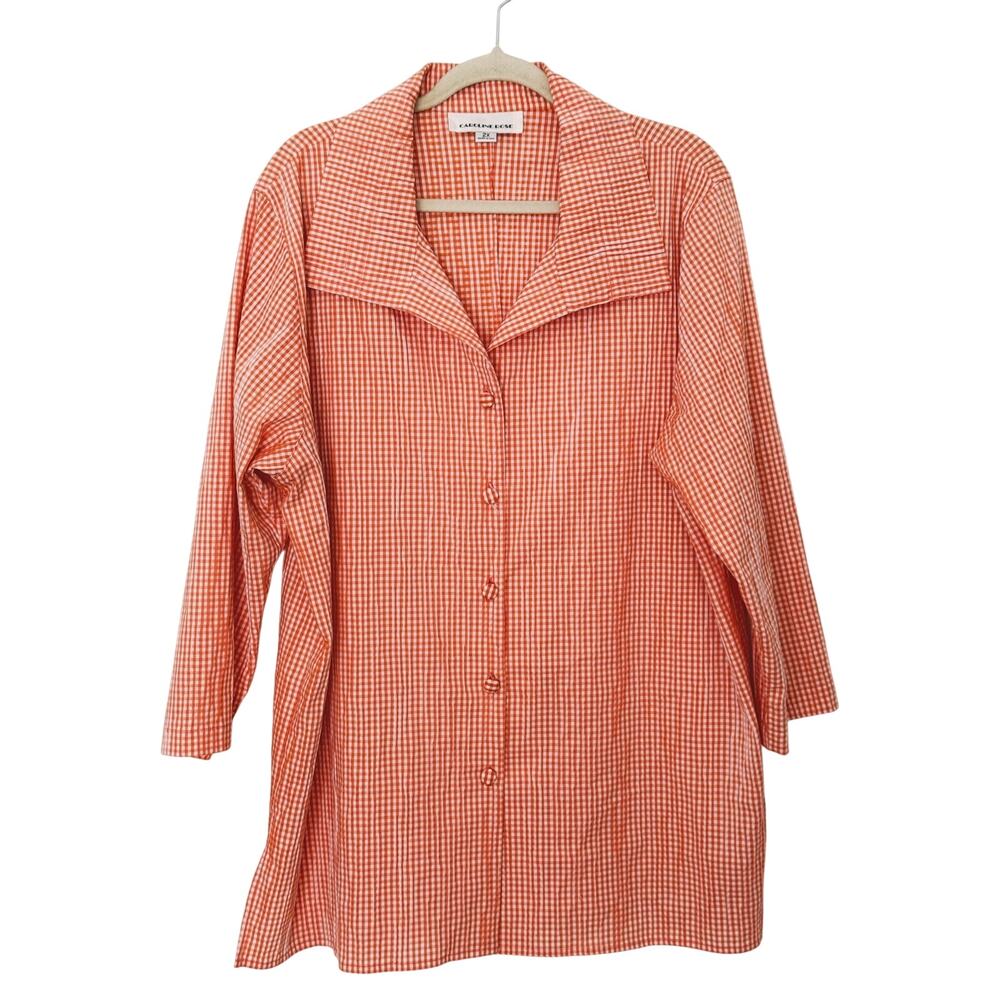 Caroline Rose Orange Gingham Tunic Dress Size 2X Button Up Preppy Summer Retro